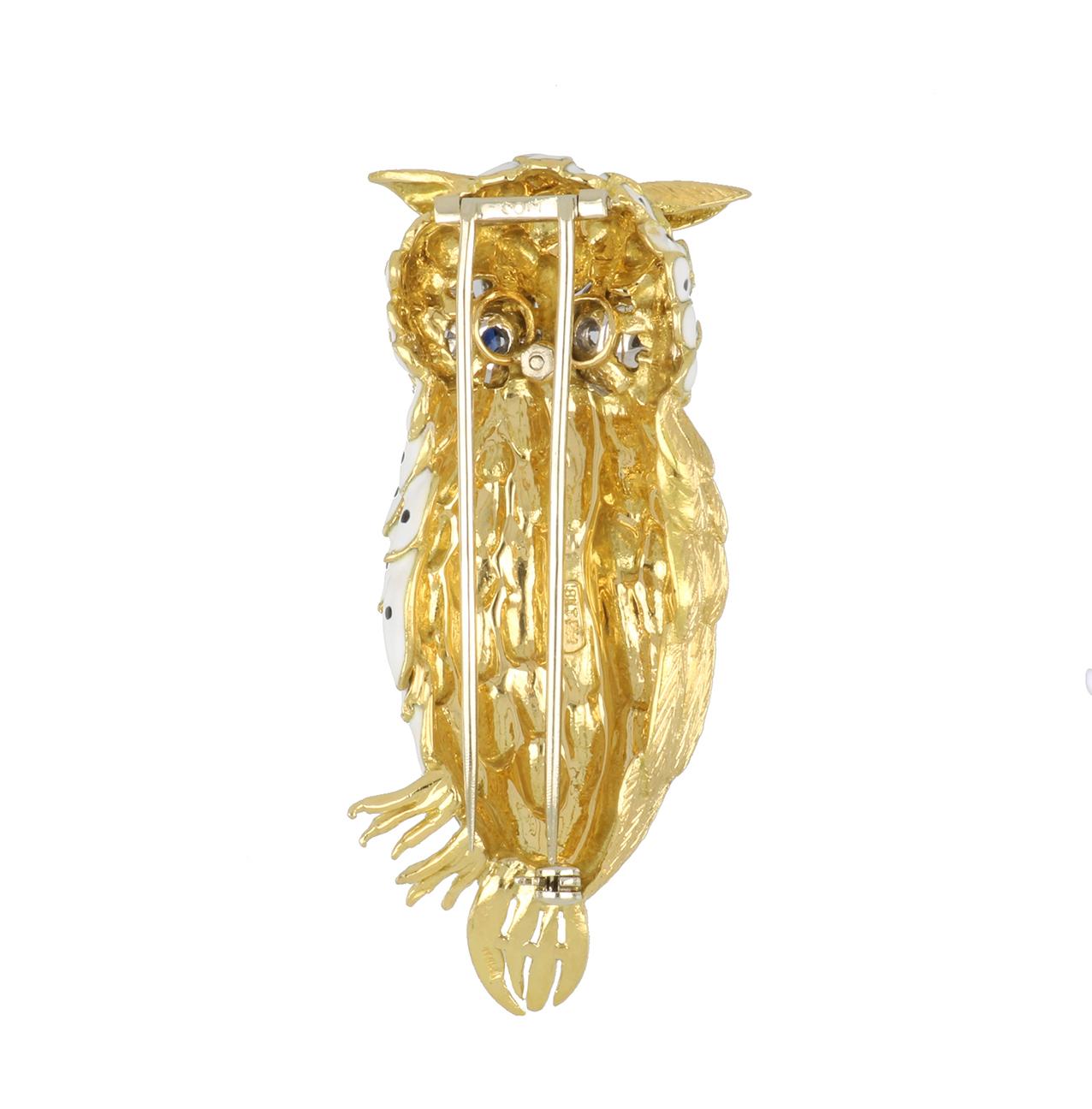 Round Cut 1970s 18K Gold White Enamel Owl Brooch with Diamonds and Sapphires