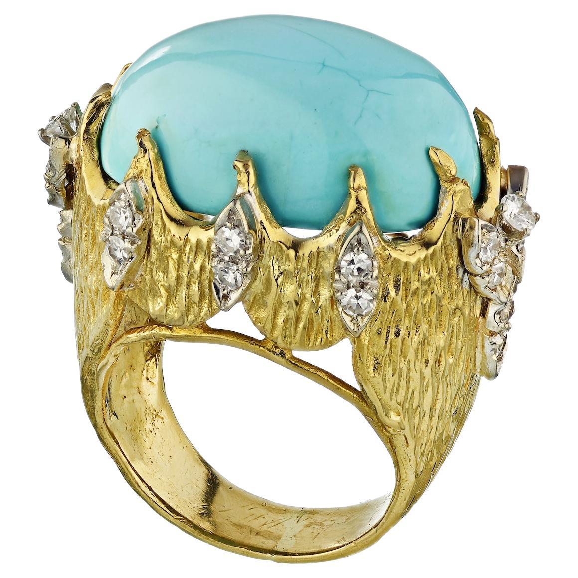 Vintage 1970's 18K Yellow Gold Oval Turquoise and Diamond Ring For Sale