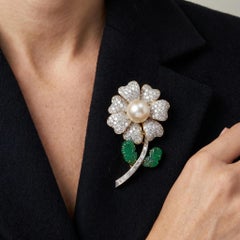 Vintage 1970s 18KT Gold Pearl Emerald and Diamond Flower Brooch