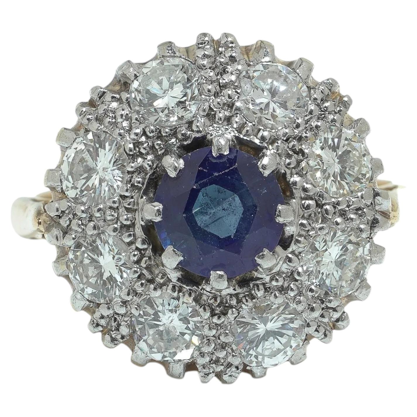 Vintage 1970s 18KT Gold Sapphire and Diamond Cluster Ring