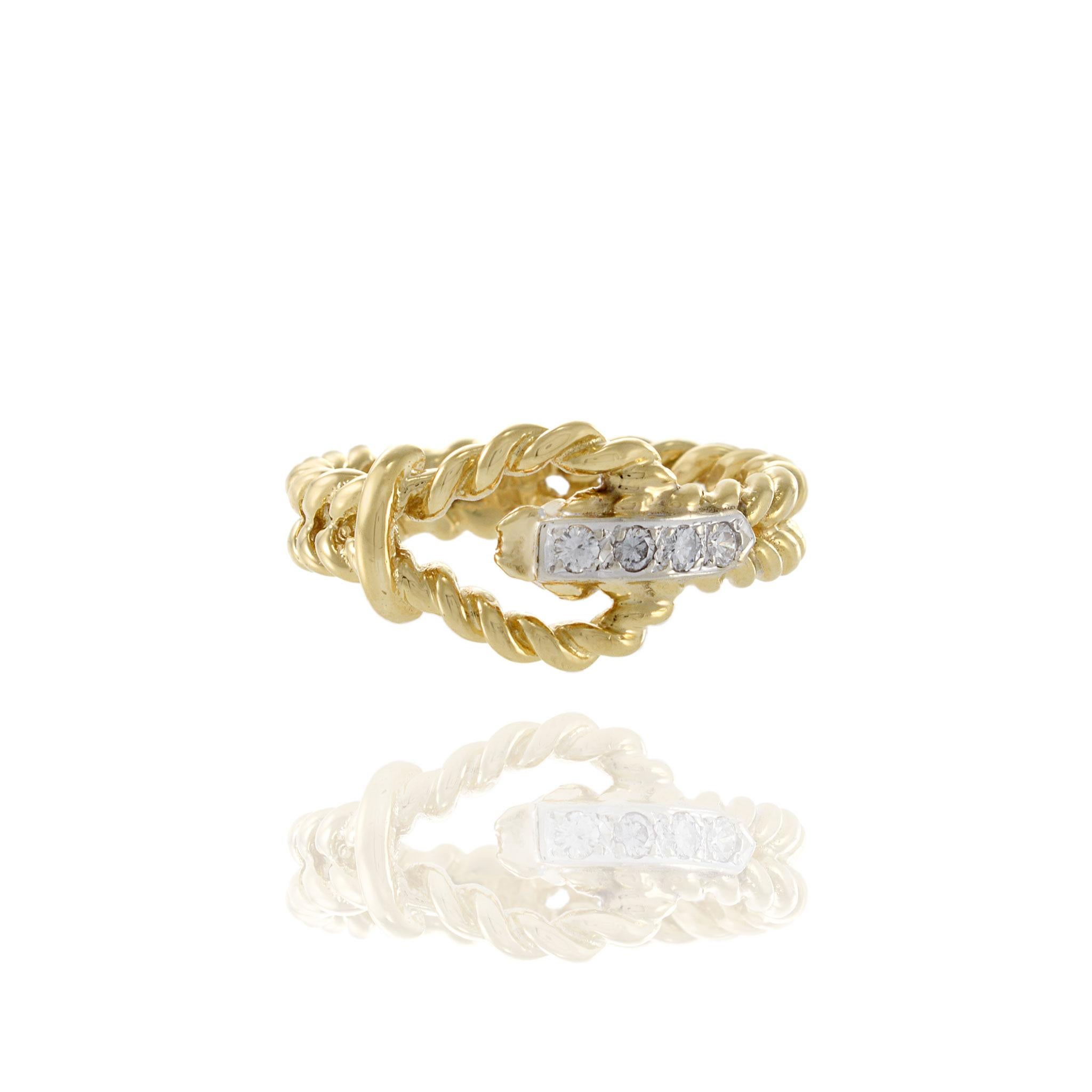 Retro Vintage 1970s 18KT Yellow Gold Diamond Rope Ring For Sale