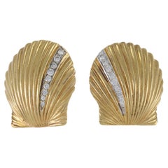 Vintage 1970s 18KT Yellow Gold Diamond Scallop Earrings