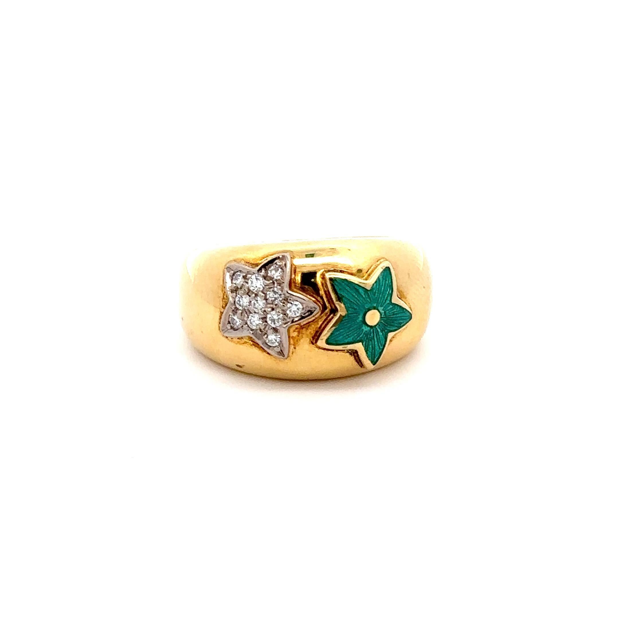 The vintage, circa 1970's, 18KT yellow gold ring is a true treasure. Its unique design showcases green enamel and 0.24CT-TW round-cut diamonds in the shape of stars, creating an exquisite and timeless look. The combination of 18KT yellow gold and