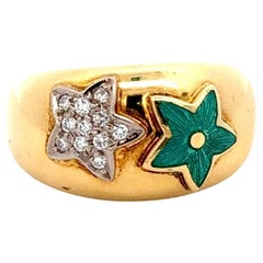 Vintage 1970s 18KT Yellow Gold Green Enamel And Diamond Stars Ring