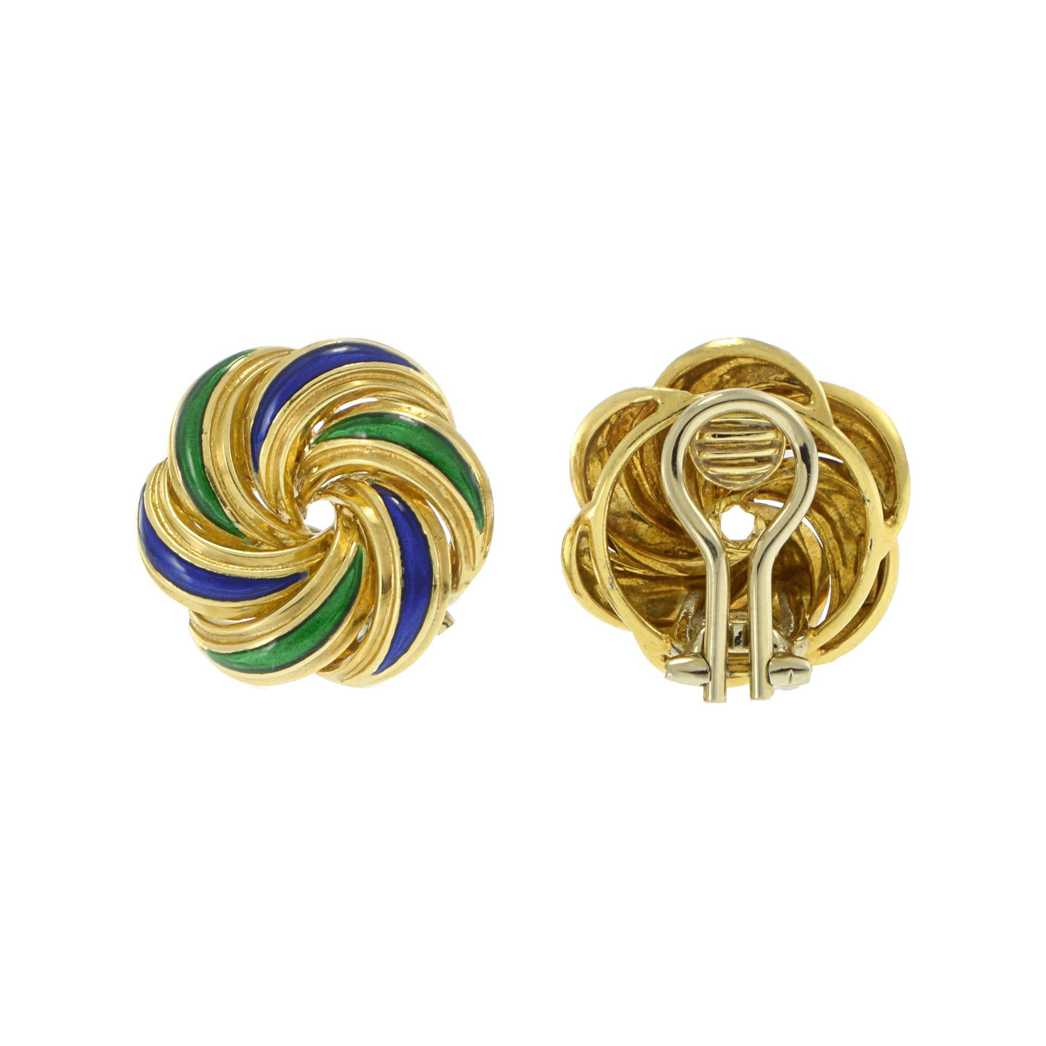 Pendientes vintage de oro amarillo de 18 quilates con esmalte italiano de los años 70 en venta 1