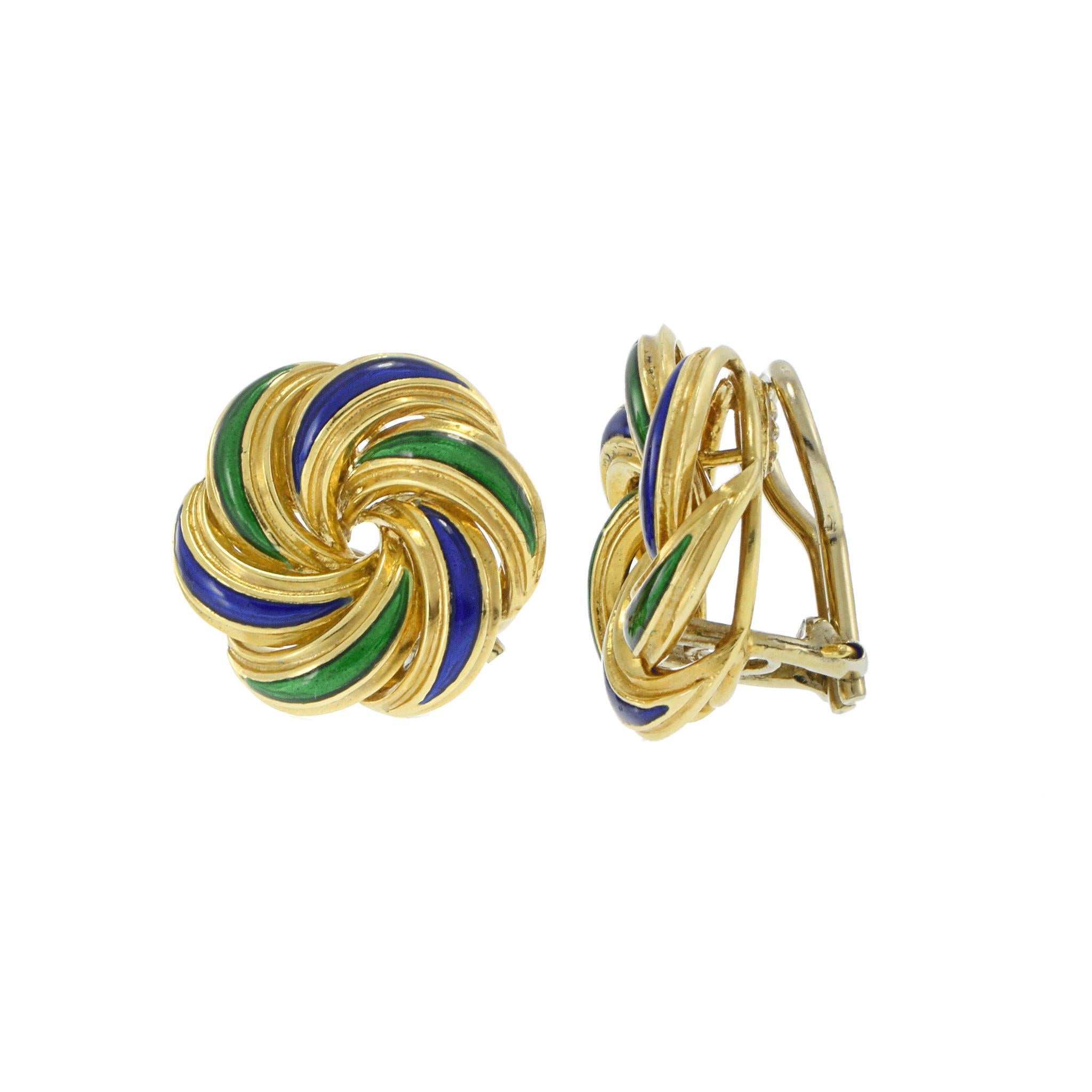 Pendientes vintage de oro amarillo de 18 quilates con esmalte italiano de los años 70 en venta 2
