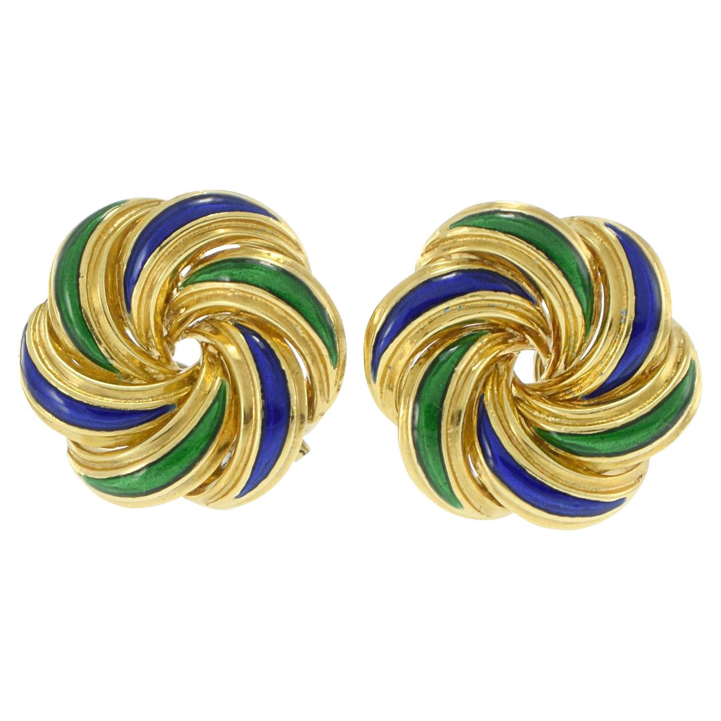 Vintage 1970's 18kt Yellow Gold Italian Enamel Earrings