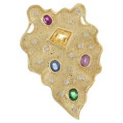 Vintage 1970's 18KT Yellow Gold Multi-Colored Gems And Diamond Lapel Pin