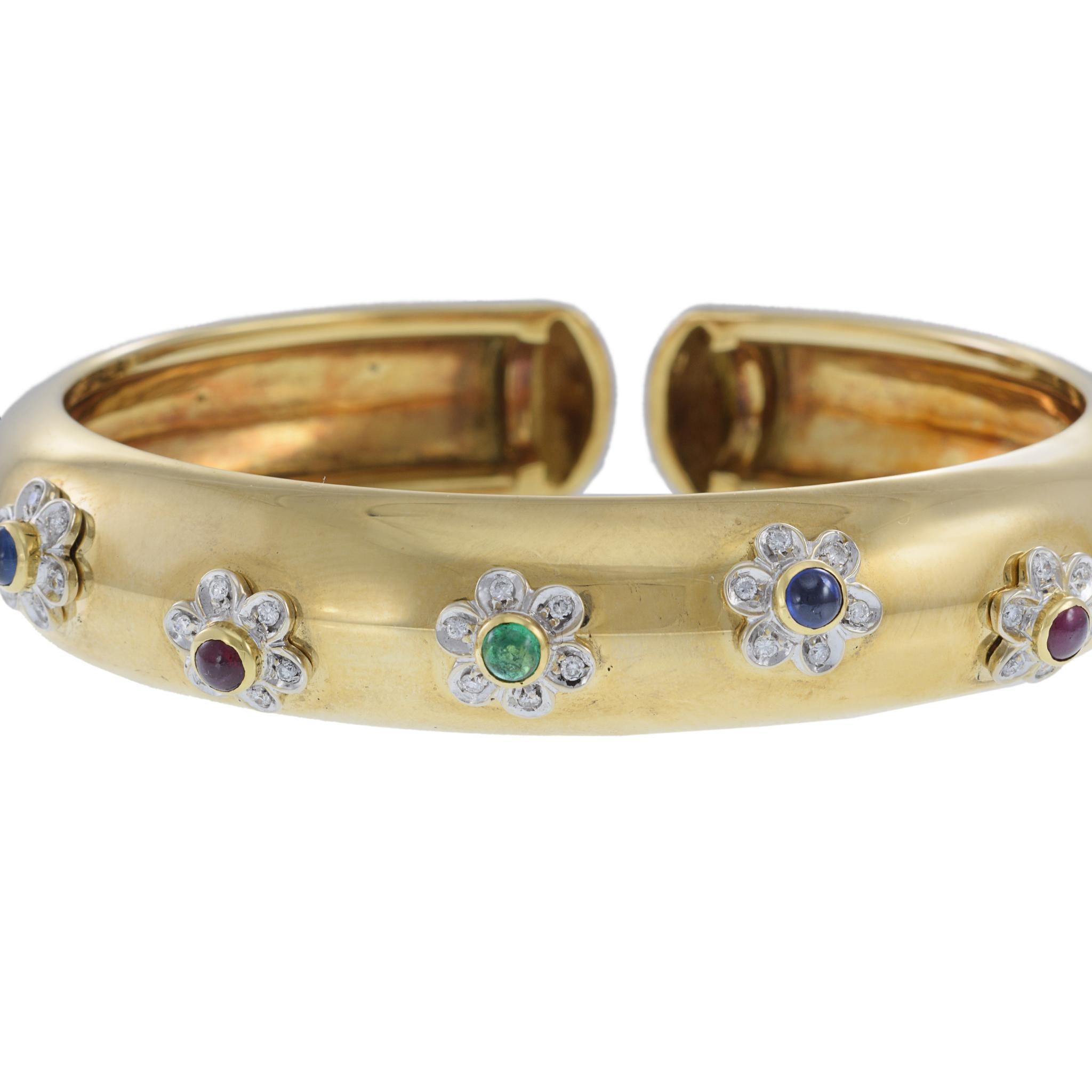 Taille ronde Vintage 1970 Or Jaune 18KT Multi-Gemstone & Diamond Flex Bangle en vente