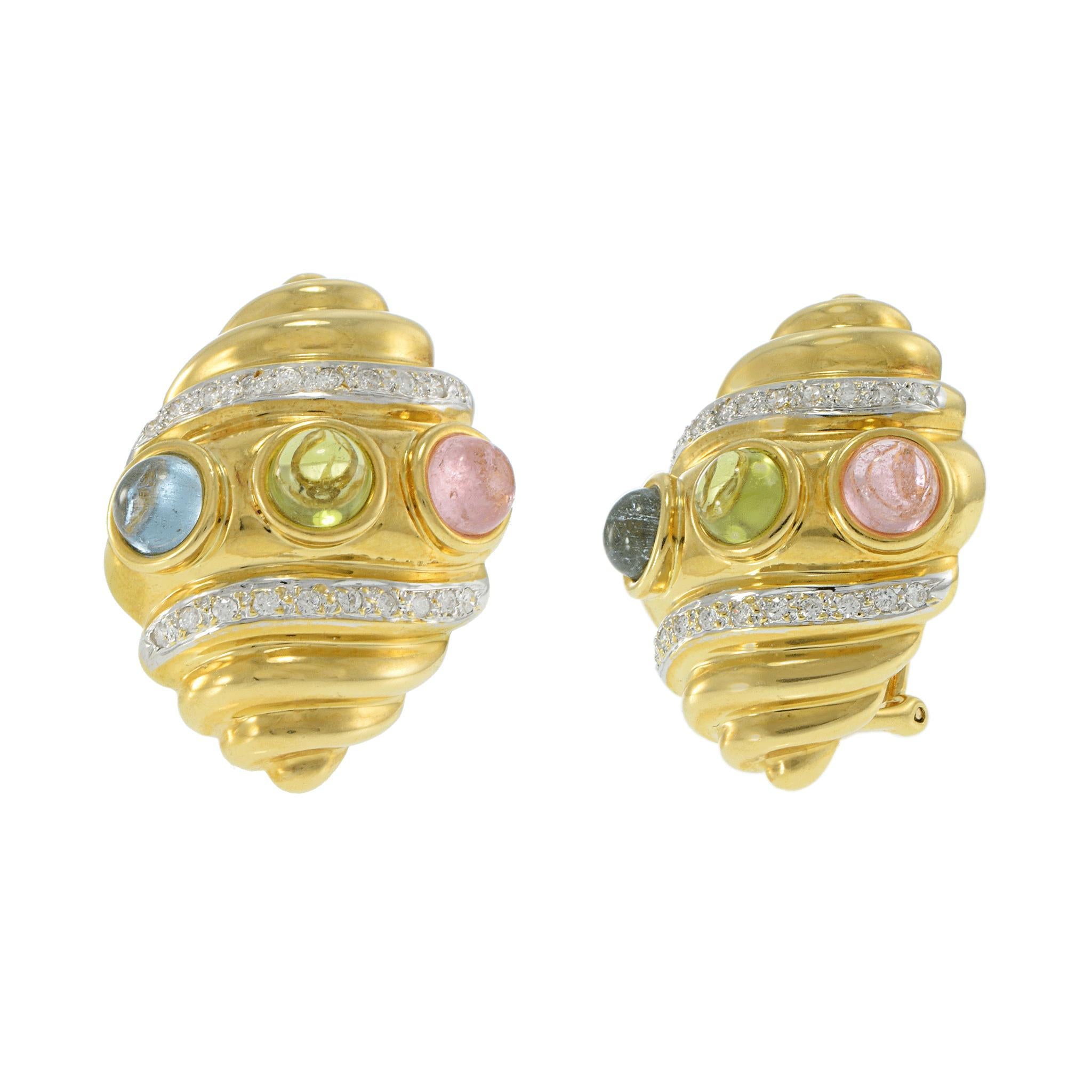 A vibrant nod to 1970s design, these shell-shaped earrings are set in rich 18KT yellow gold and adorned with smooth cabochon cuts of pink tourmaline, green peridot, and blue topaz. Diamond-set curves trace the ridges, adding light and structure to