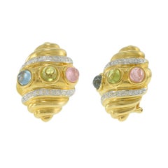 Vintage 1970s 18KT Yellow Gold Shell Earrings with Cabochon Semi-Precious Stones