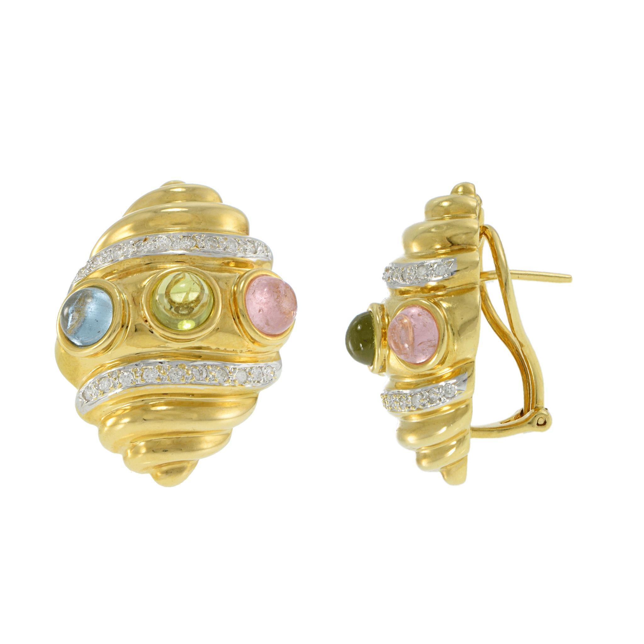 Round Cut Vintage 1970s 18KT Yellow Gold Shell Earrings with Cabochon Semi-Precious Stones For Sale