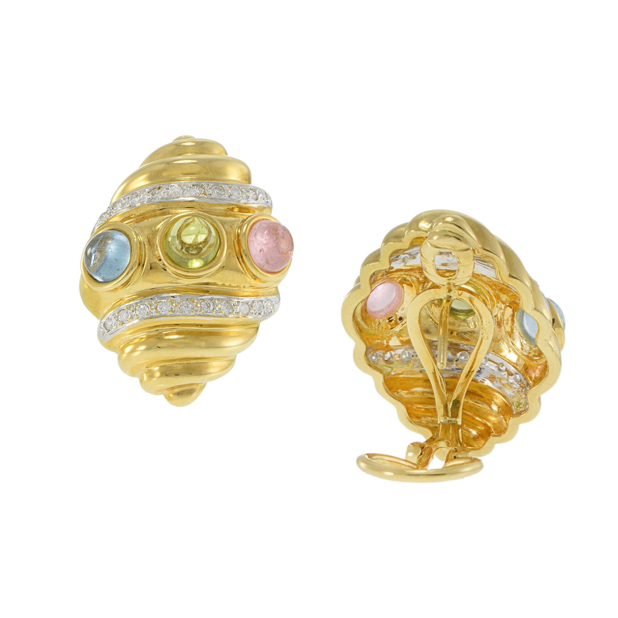 Women's Vintage 1970s 18KT Yellow Gold Shell Earrings with Cabochon Semi-Precious Stones For Sale