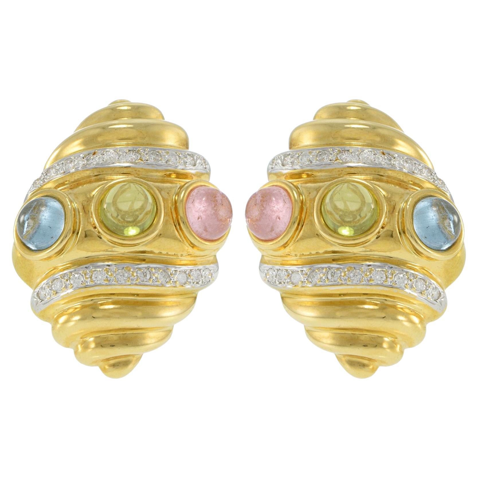 Vintage 1970s 18KT Yellow Gold Shell Earrings with Cabochon Semi-Precious Stones For Sale