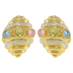 Vintage 1970s 18KT Yellow Gold Shell Earrings with Cabochon Semi-Precious Stones