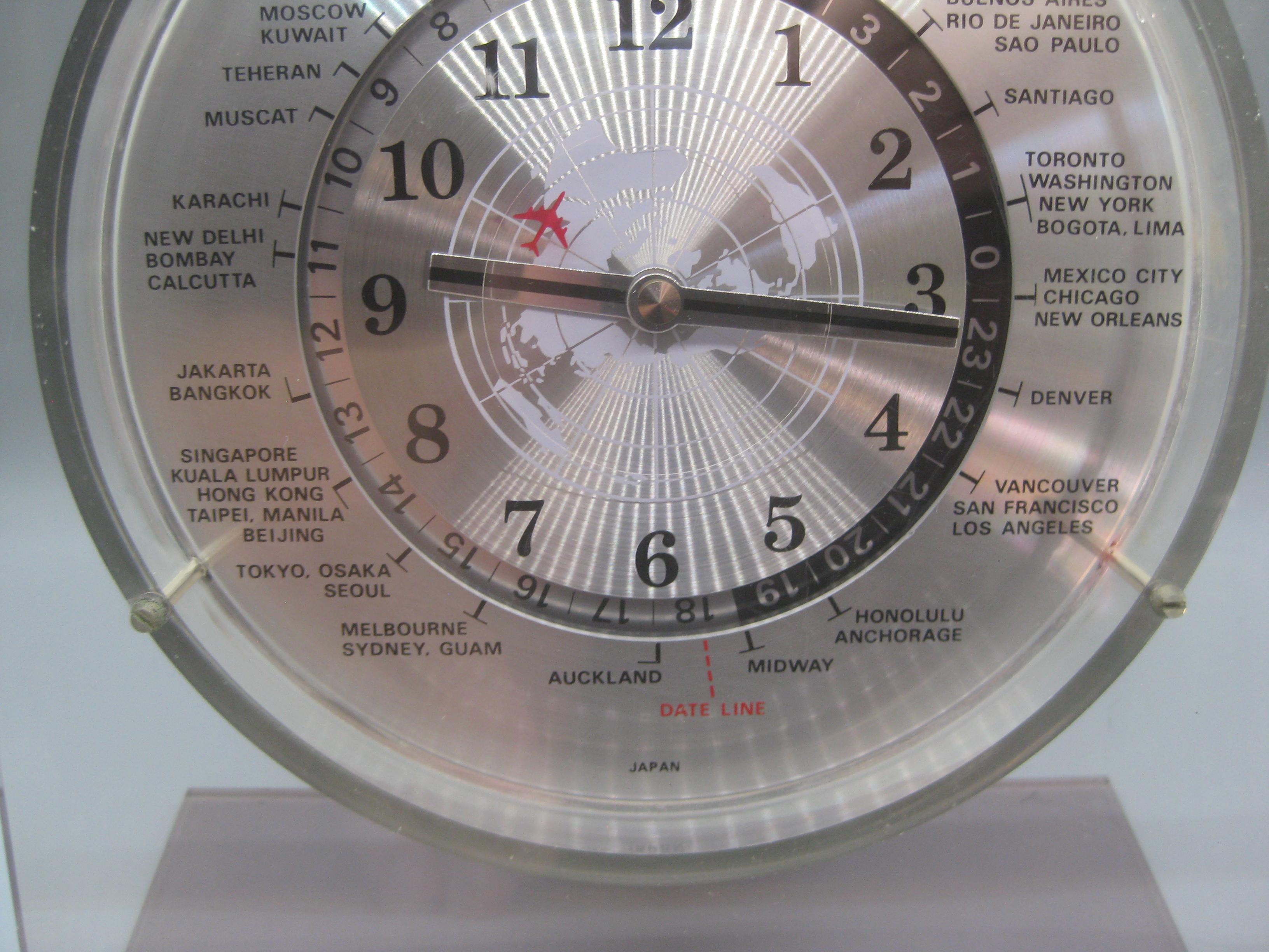 Japanese Vintage 1970's-1980's GMT Lucite Table Mantle World Clock W/Airplane Second Hand For Sale