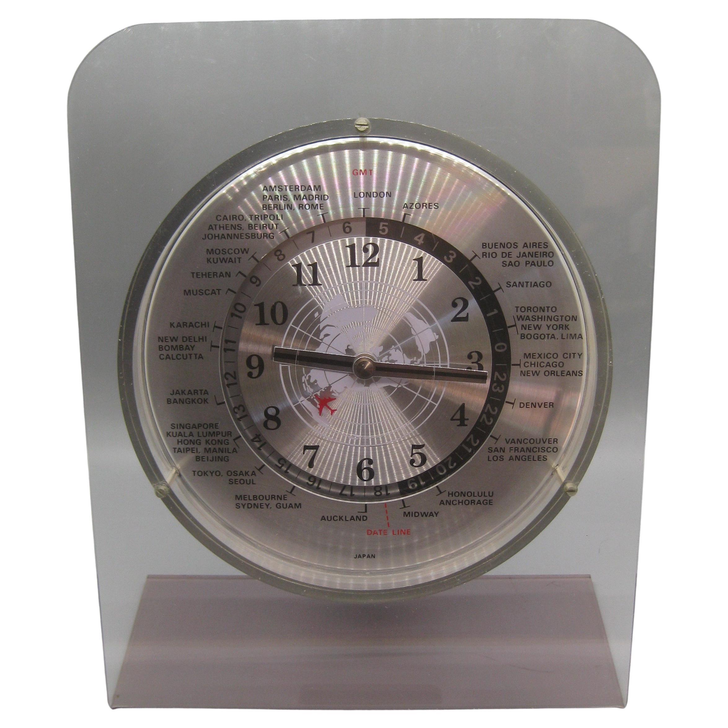 Vintage 1970's-1980's GMT Lucite Table Mantle World Clock W/Airplane Second Hand For Sale