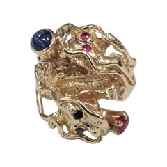 Vintage 1970's  2 Headed "Dragon" Ring with gemstones in Its Mouth 
