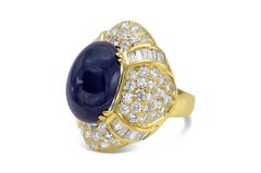 Vintage 1970s 22.79 Carat Cabochon Sapphire Ring with Diamonds