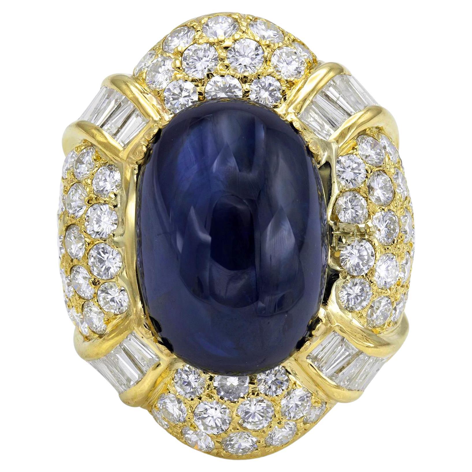 Vintage 1970s 22.79 Carat Cabochon Sapphire Ring with Diamonds
