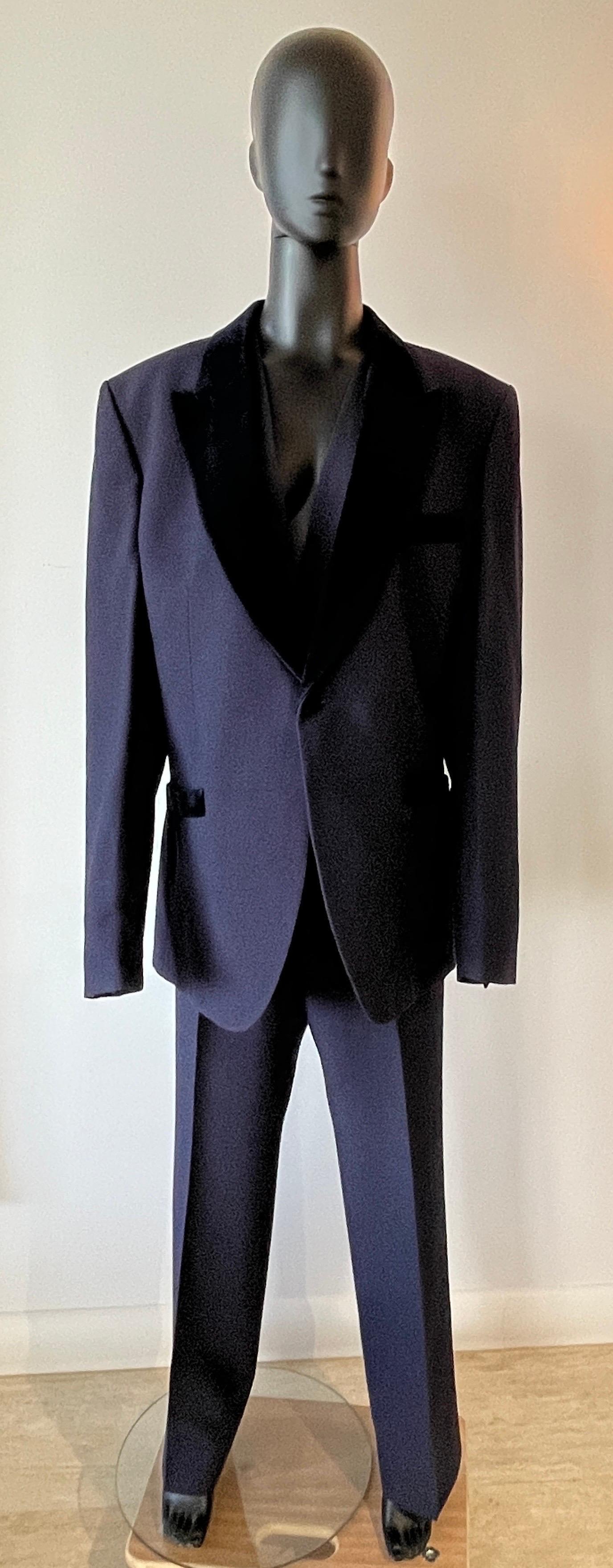 Men's Vintage 1970’s 3 piece Mens navy blue wool and velvet suit by Tony Barlow.