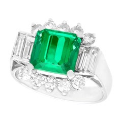 Vintage 1970s 3.05 Carat Emerald Diamond White Gold Cocktail Ring