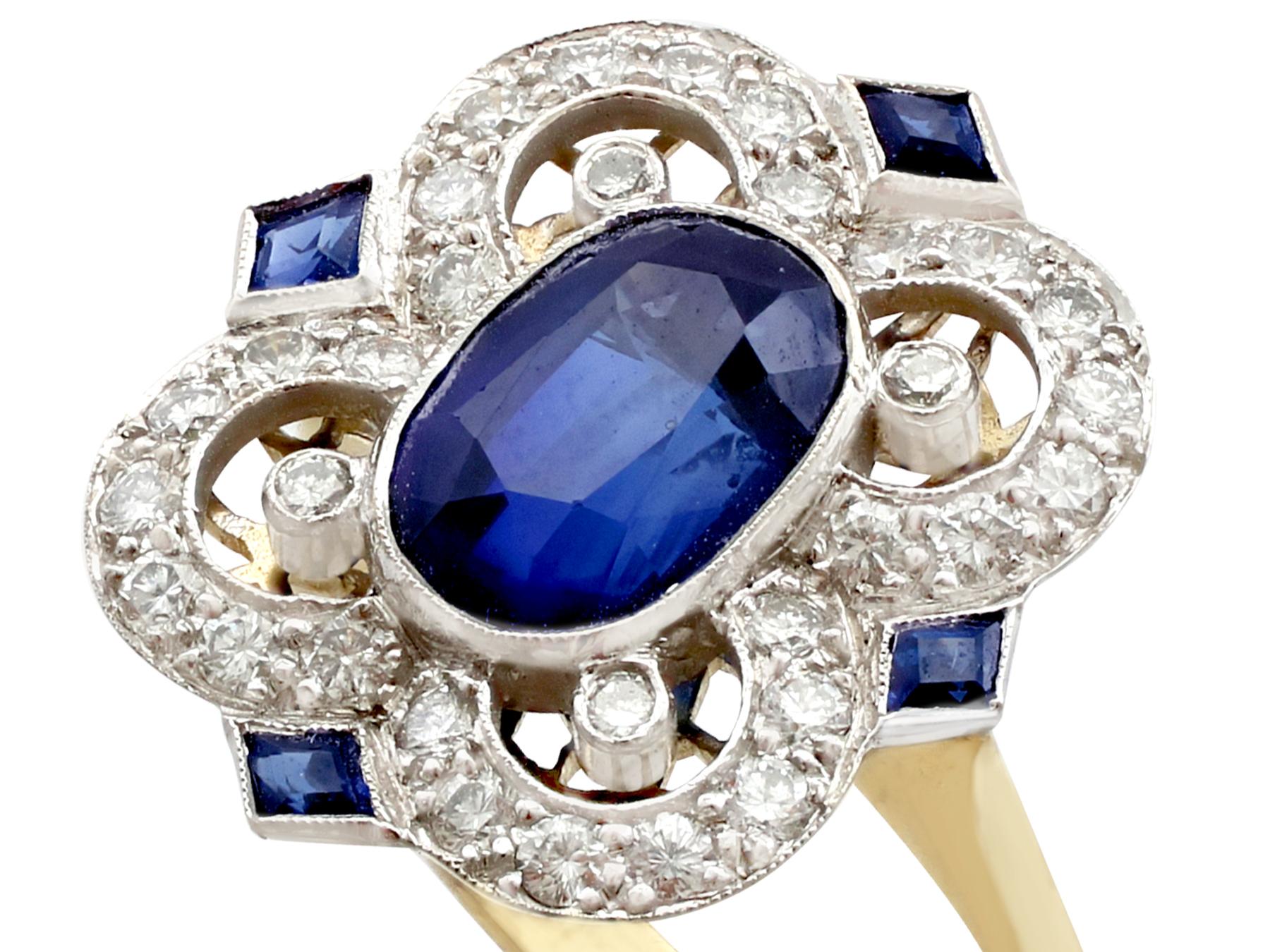 A fine and impressive 3.20 carat sapphire and 0.96 carat diamond, platinum set cocktail ring in 18k yellow gold; part of our jewelry and estate jewelry collections

This fine sapphire ring has been crafted in 18k yellow gold with a platinum