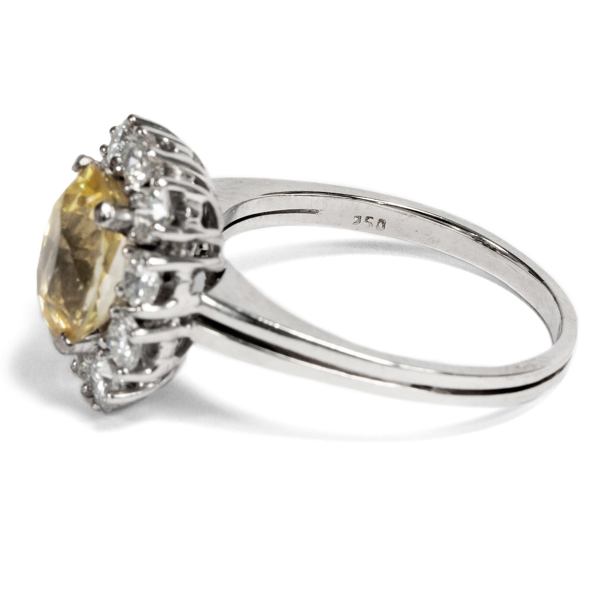 Oval Cut Vintage 1970s 3.8 Carat No Heat Fancy Yellow Sapphire Diamond Entourage Ring For Sale