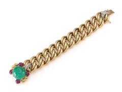 Vintage 1970s 57.80 Carat Cabochon Emerald Bracelet with Rubies and Diamonds