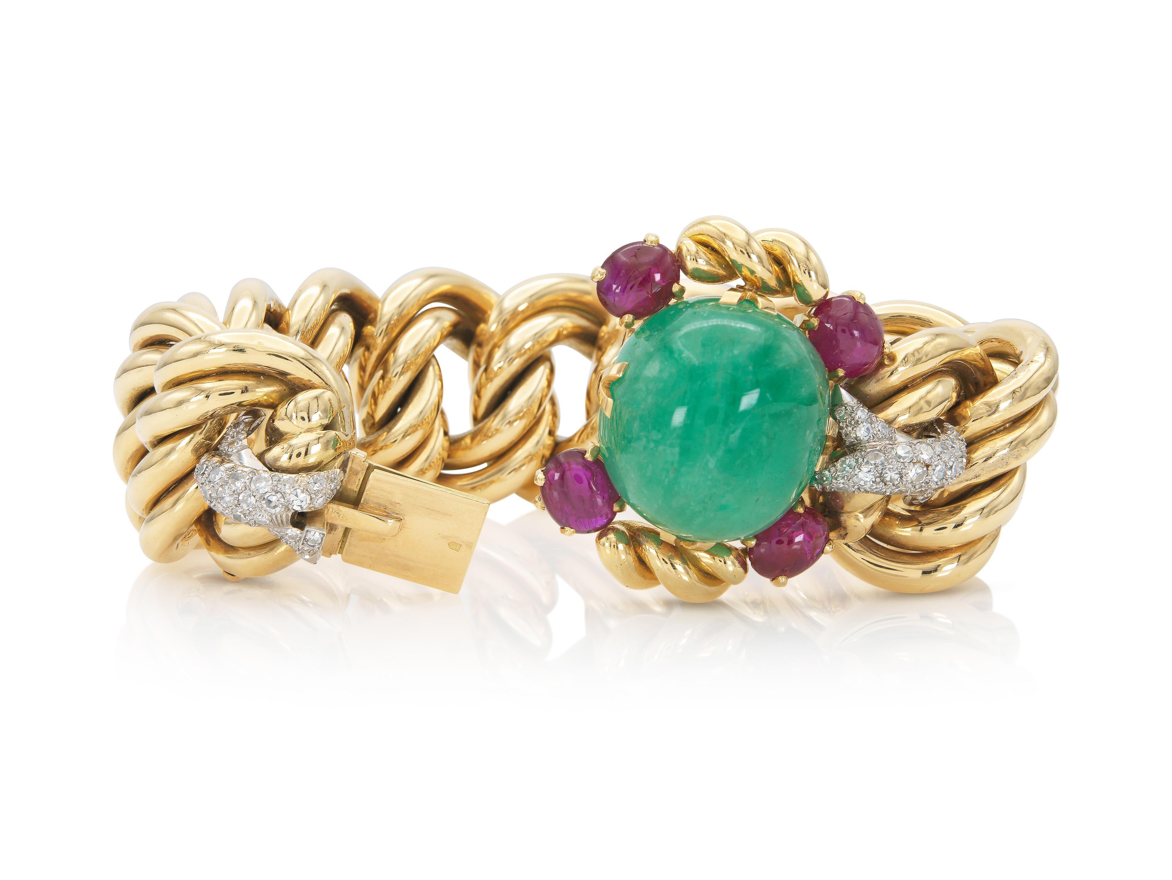 Women's Vintage 1970s 57.80 Carat Cabochon Emerald Bracelet with Rubies and Diamonds