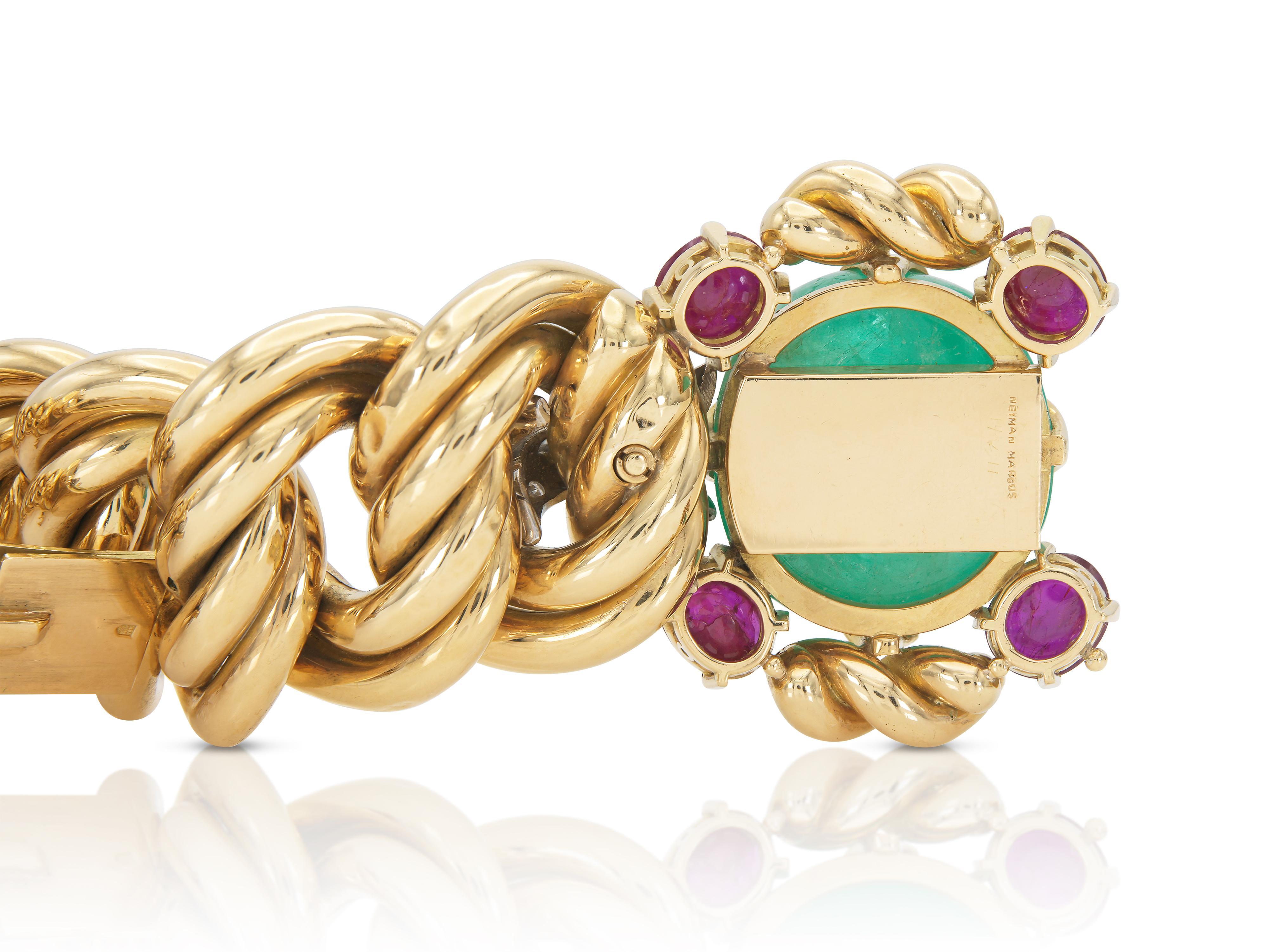 Vintage 1970s 57.80 Carat Cabochon Emerald Bracelet with Rubies and Diamonds 1