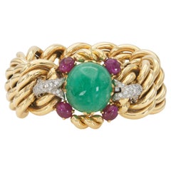 Pulsera vintage de esmeralda cabujón de 57,80 quilates de los años 70 con rubíes y diamantes
