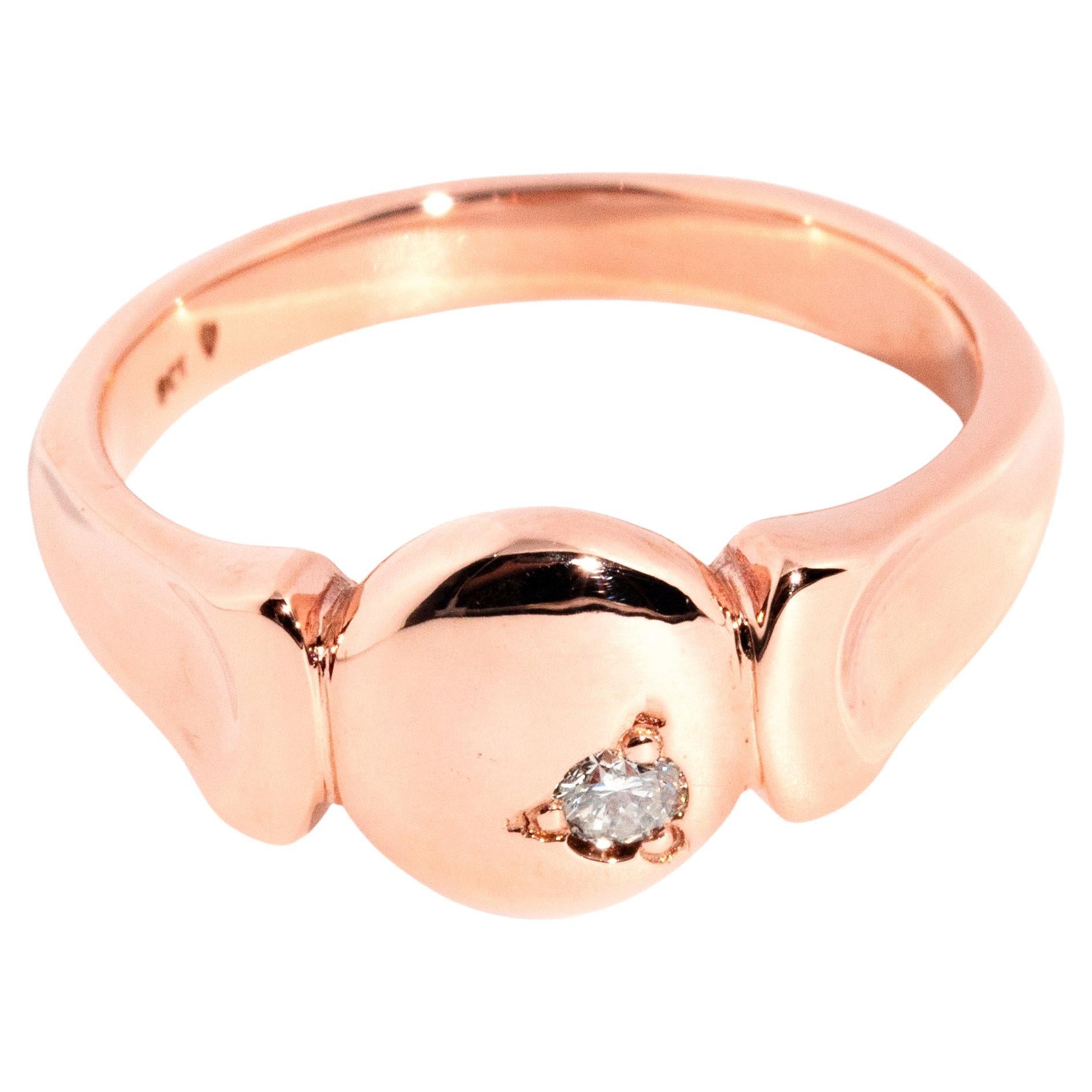 Vintage 1970s 9 Carat Rose Gold Hammer Set Brilliant Diamond Unisex Signet Ring For Sale