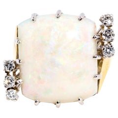 Vintage 1970s 9 Carat Yellow Gold Diamond & White Cabochon Opal Cocktail Ring
