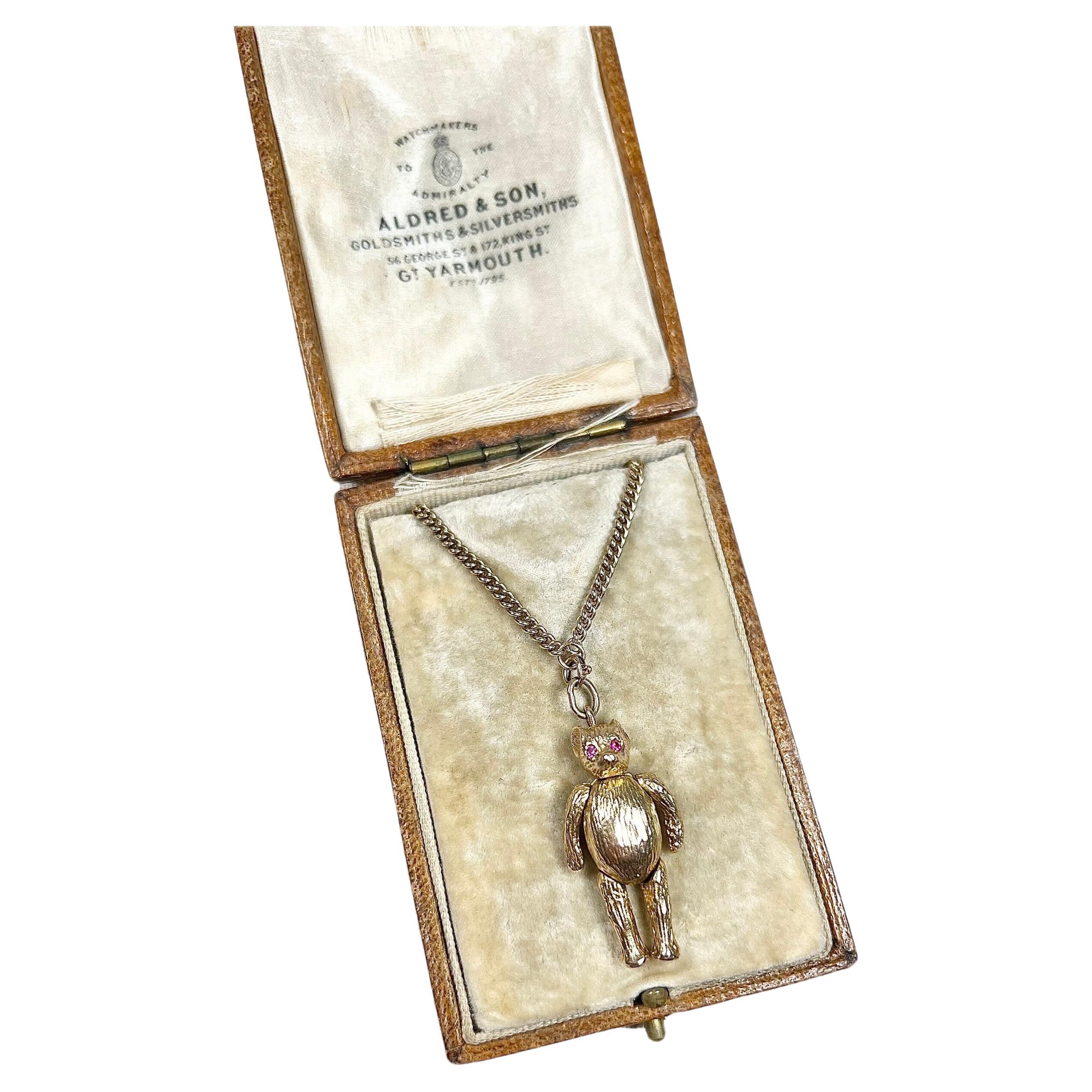 Vintage 1970s 9ct Yellow Gold 
Ruby Articulated Teddy Bear Pendant