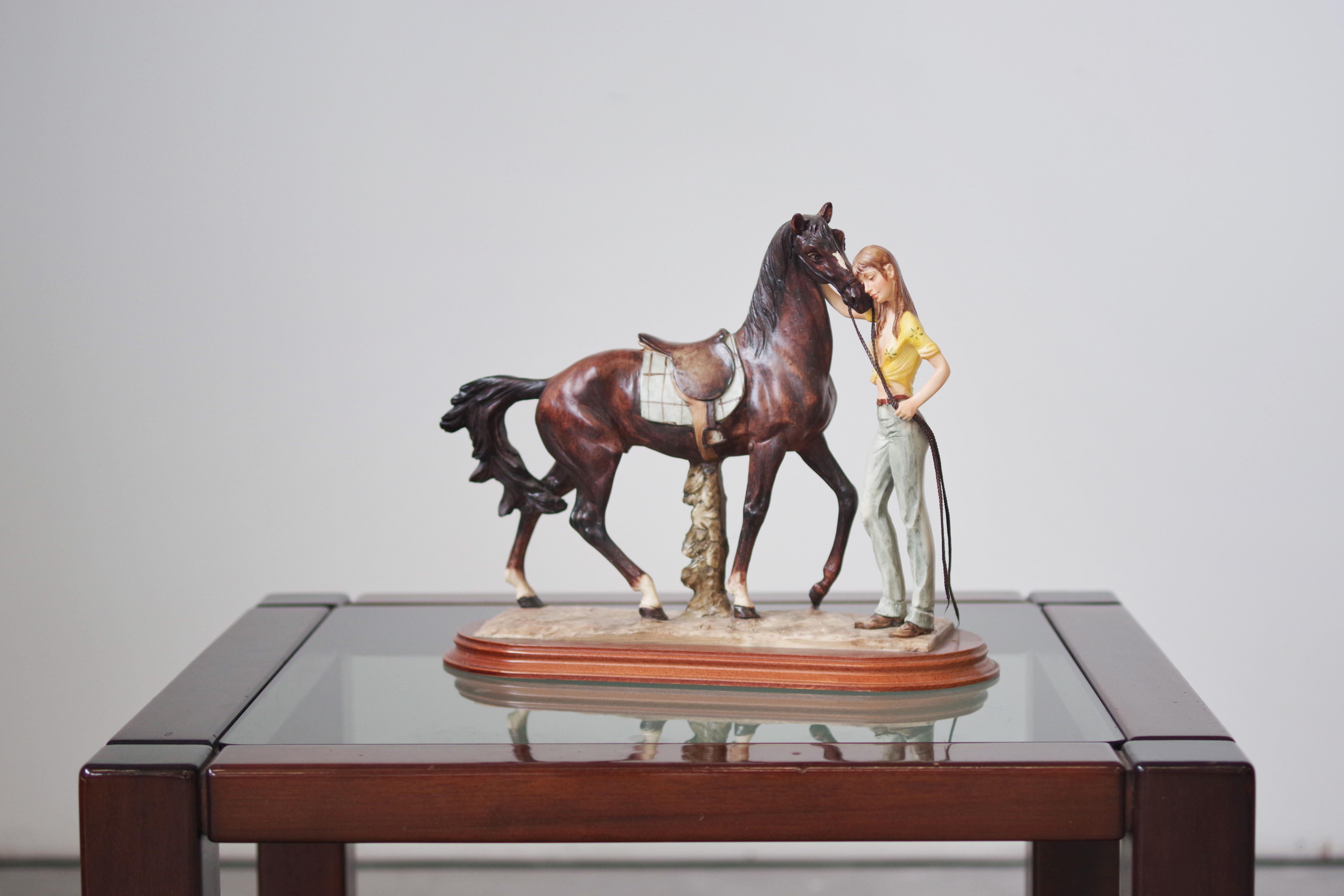 Italian Vintage 1970s A. Saulini Ceramic Sculpture of Horse and Woman For Sale