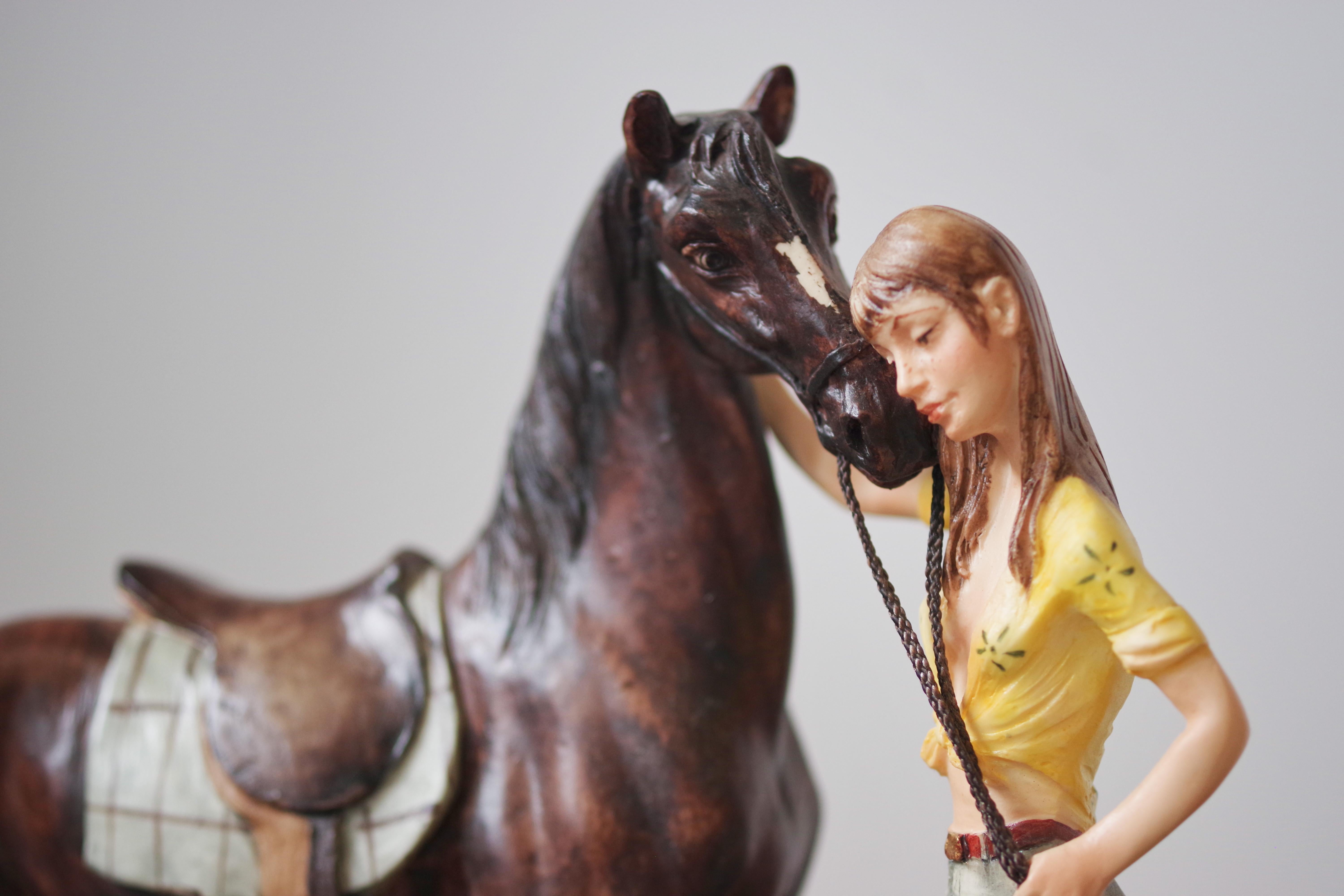 Late 20th Century Vintage 1970s A. Saulini Ceramic Sculpture of Horse and Woman For Sale