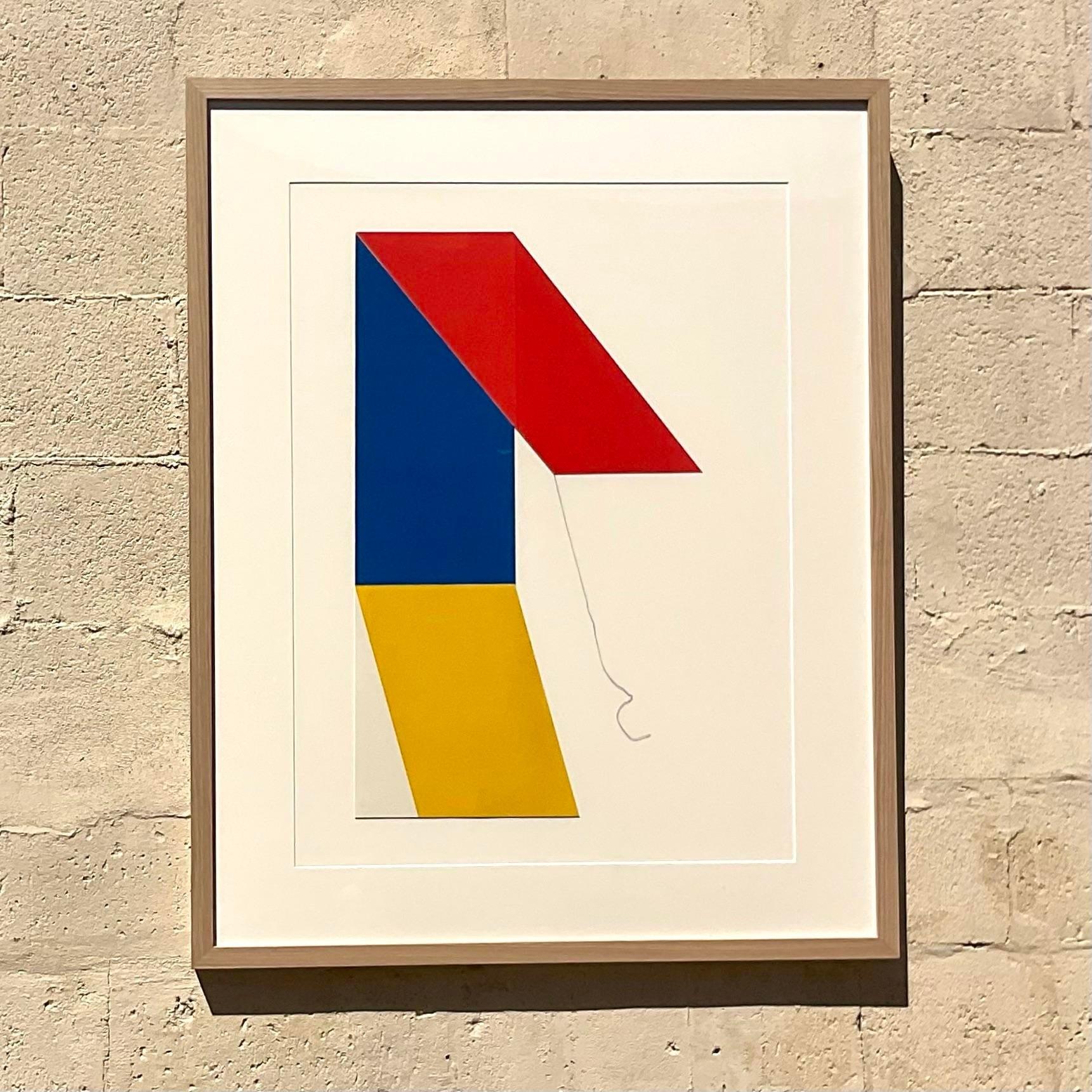 Vintage minimalistic painting of an abstract geometric object. The shape created appears 3 dimensional and the a subtle addition of colors makes this vintage piece tasteful and modern. Signed en verso by the artist. Acquired from a Palm beach estate.