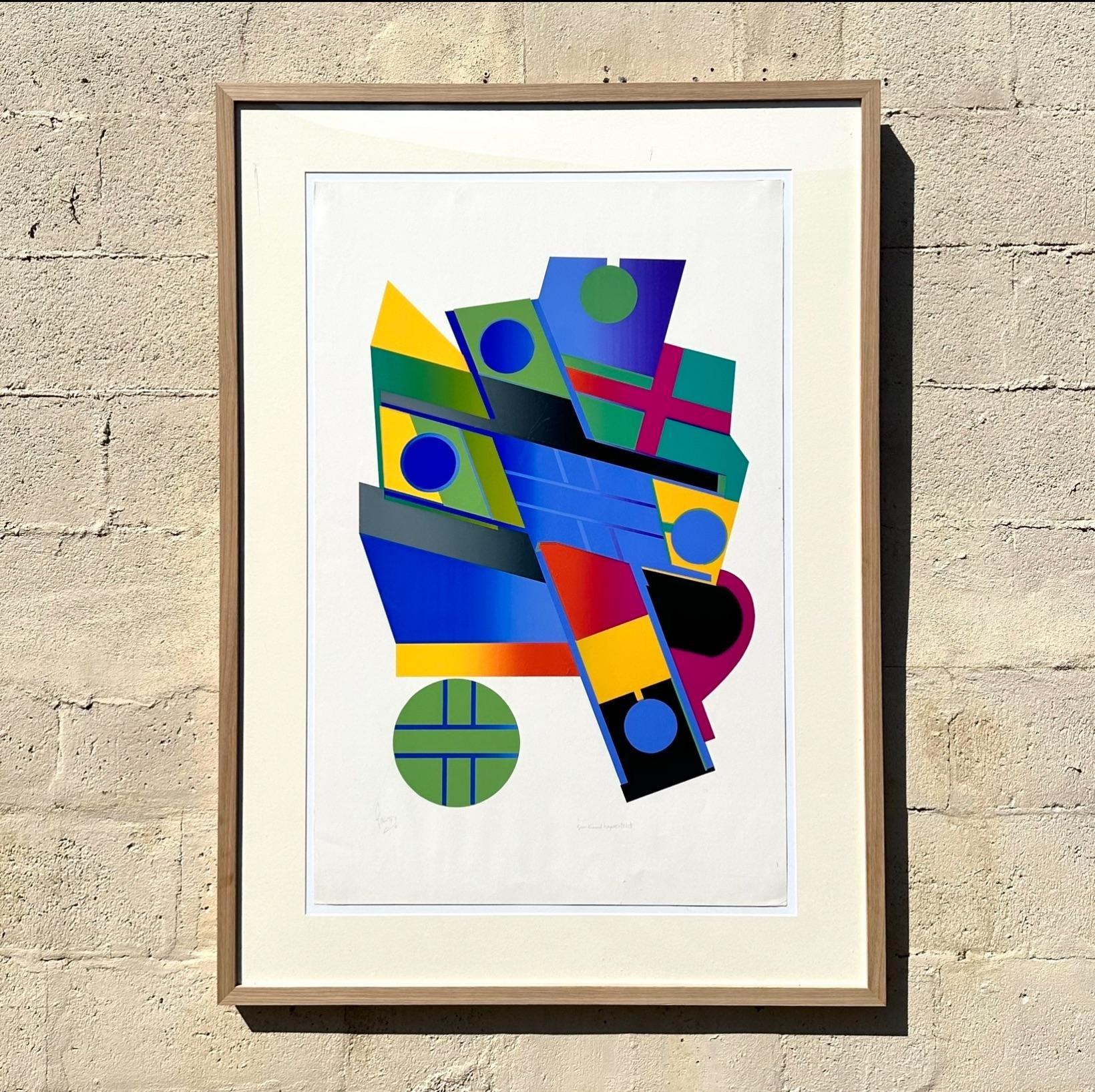 This vintage lithograph combines multitude of shapes that come together to create a gorgeous abstract shape. The combination of unique curves and differentiating colors make this piece a tasteful statement. Acquired from a Palm Beach estate.