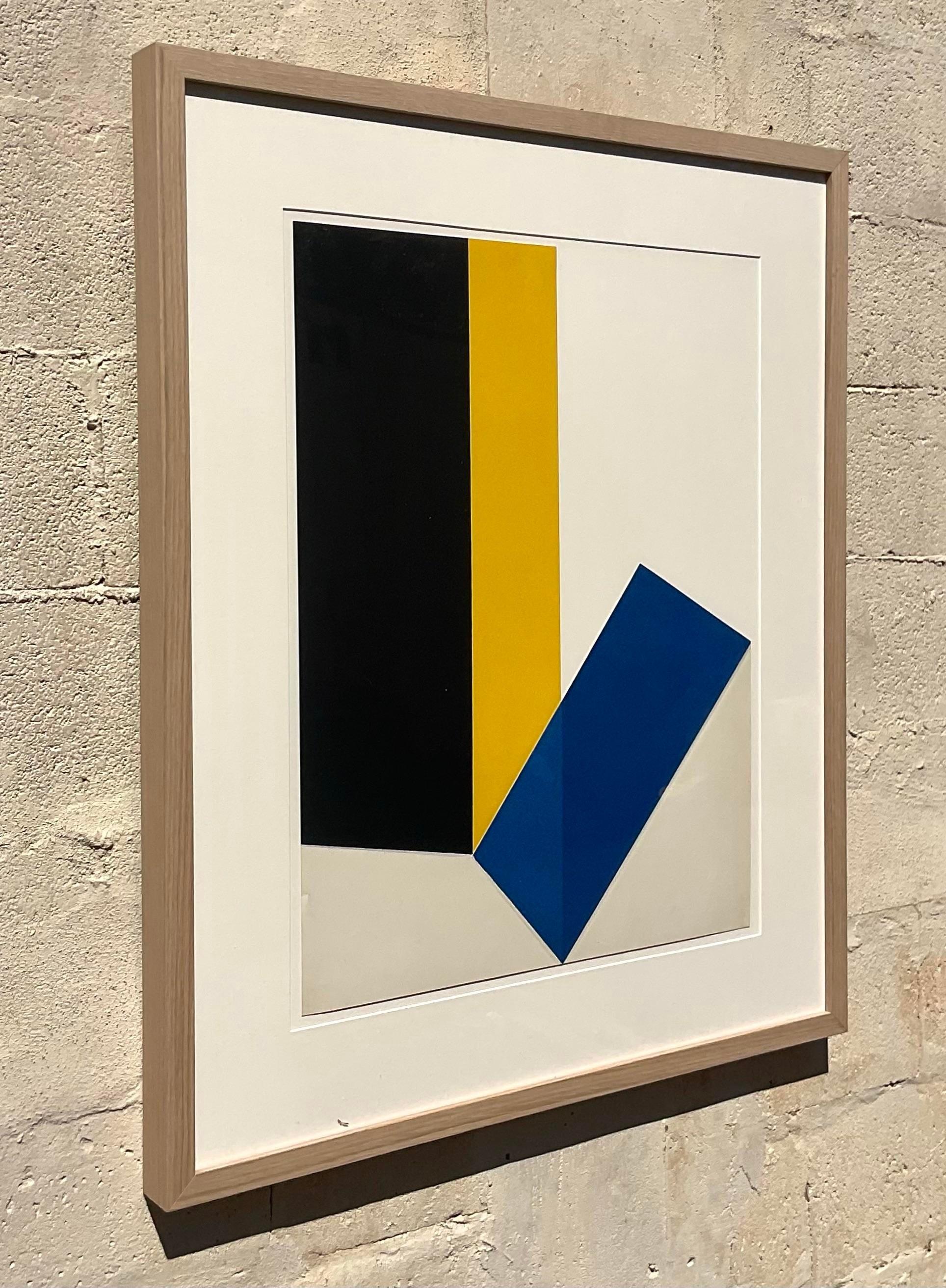 Vintage minimalistic lithograph of an abstract geometric object. The shape creates a gorgeous color block and the a subtle addition of colors makes this vintage piece tasteful and modern. Signed en verso by the artist. Acquired from a Palm beach