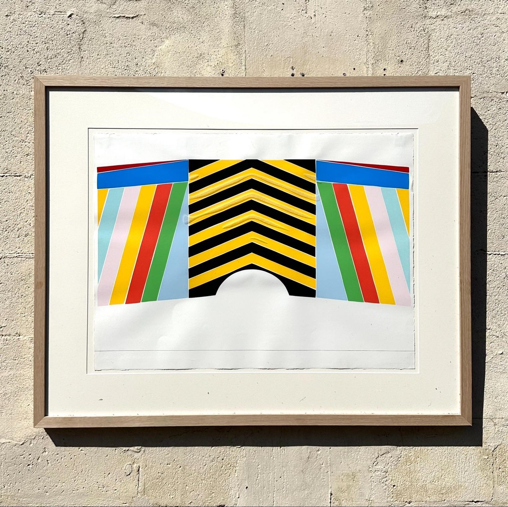 This vintage lithograph uses linear shapes to create a unique design. The differentiating colors and angles created with the shapes would be a gorgeous addition to a minimalistic space. Acquired from a Palm Beach estate. 