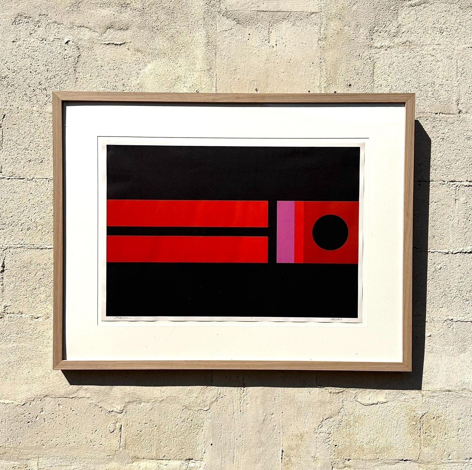 Vintage 1970s Abstract Geometric Lithograph In Good Condition For Sale In west palm beach, FL