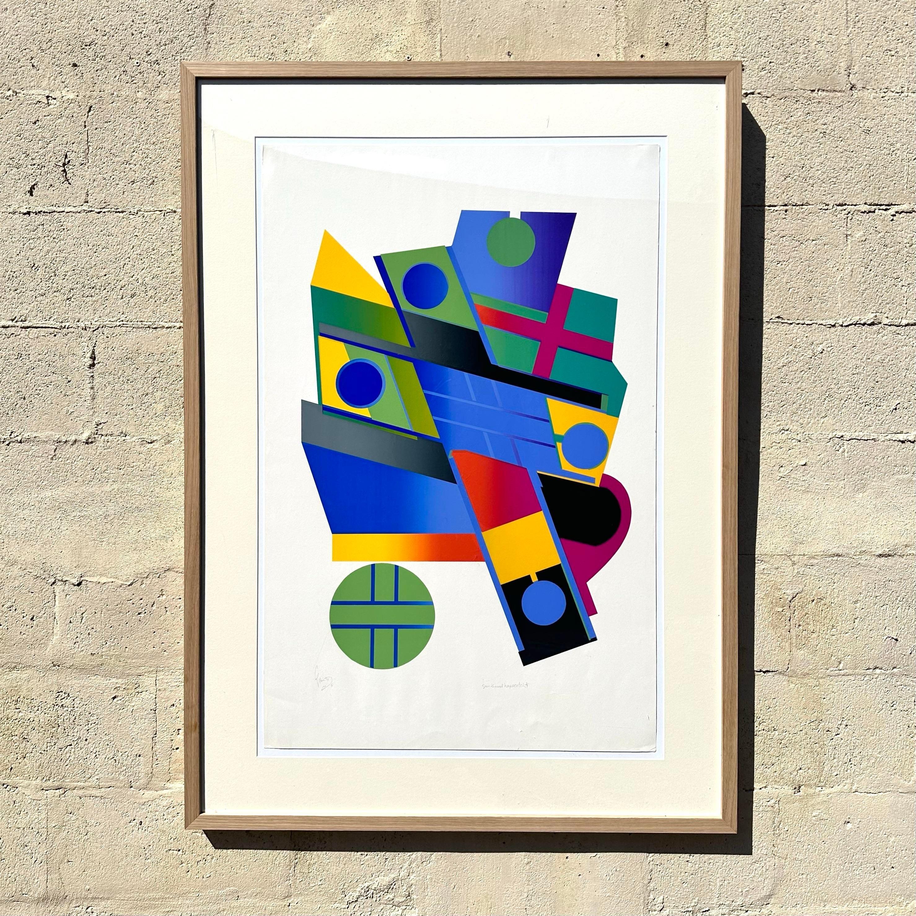 20th Century Vintage 1970s Abstract Geometric Lithograph For Sale