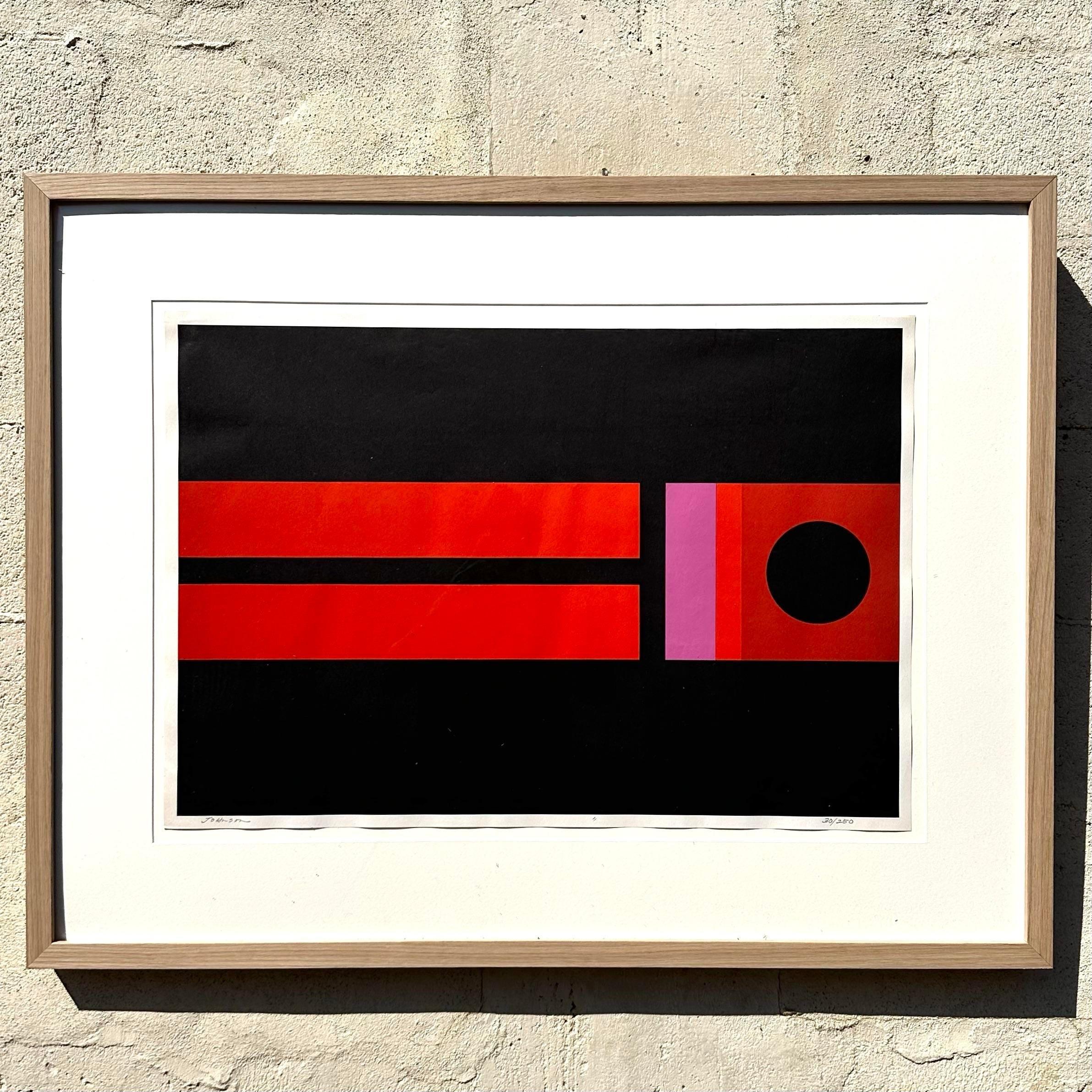 Glass Vintage 1970s Abstract Geometric Lithograph For Sale