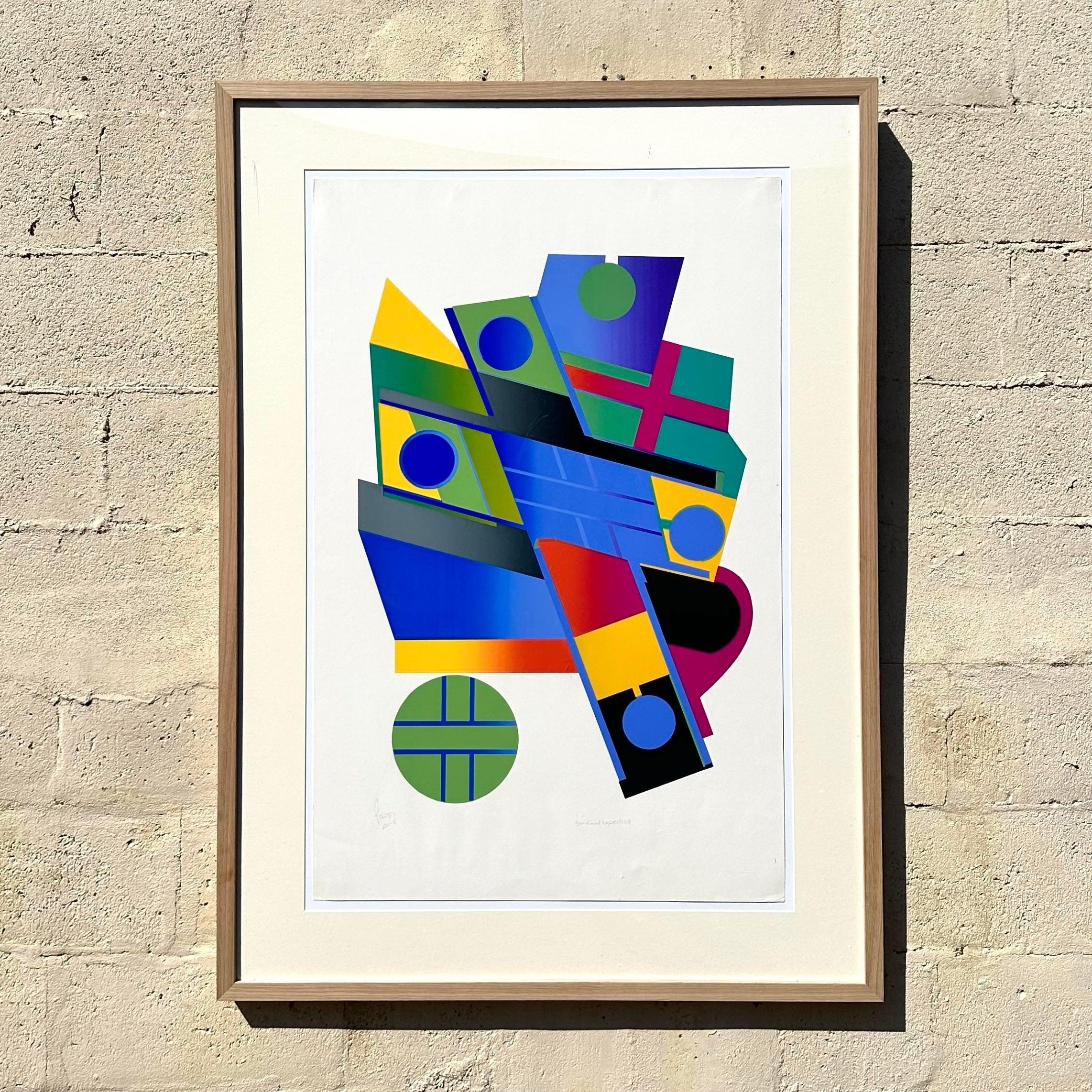 Glass Vintage 1970s Abstract Geometric Lithograph For Sale