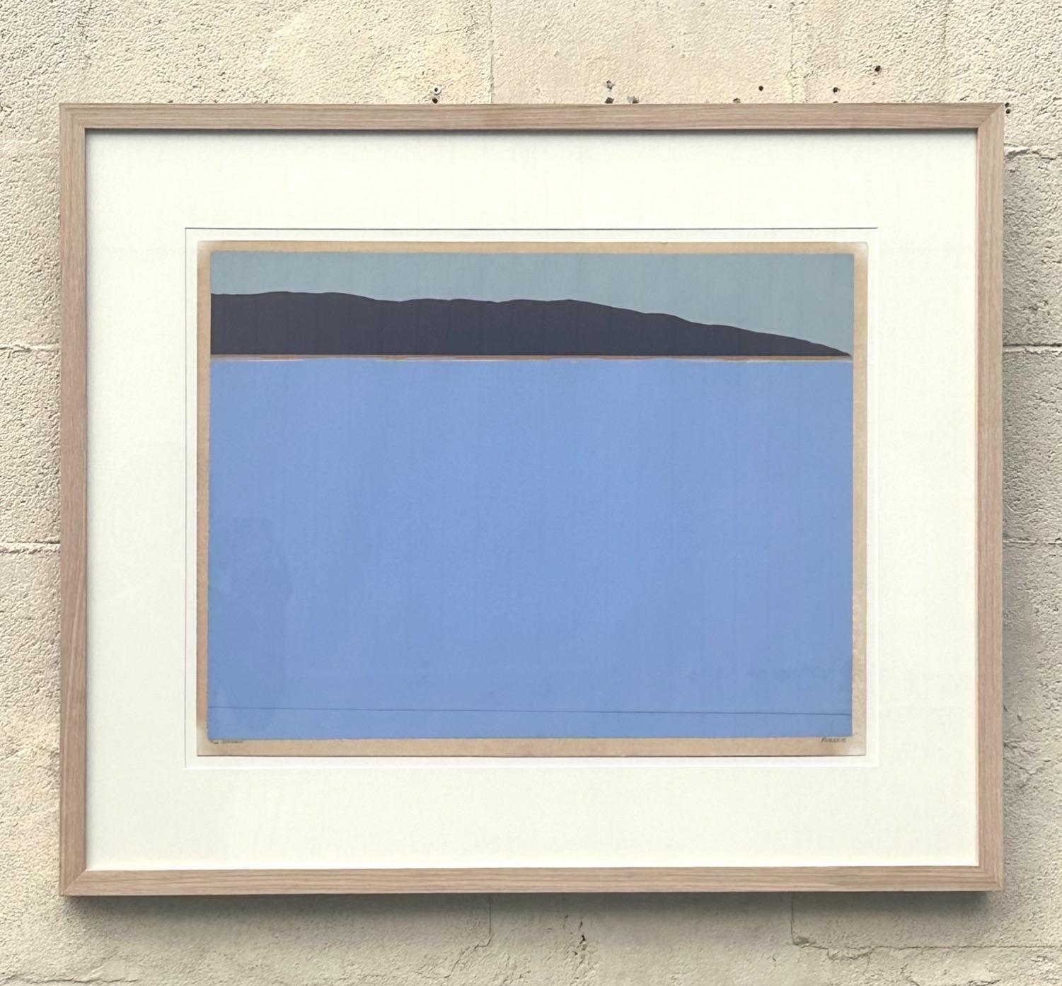 This minimalistic lithograph is the perfect subtle addition to a space. The combination of soft curves and the calming blue make this print tasteful and one of a kind. Acquired from a Palm Beach estate.