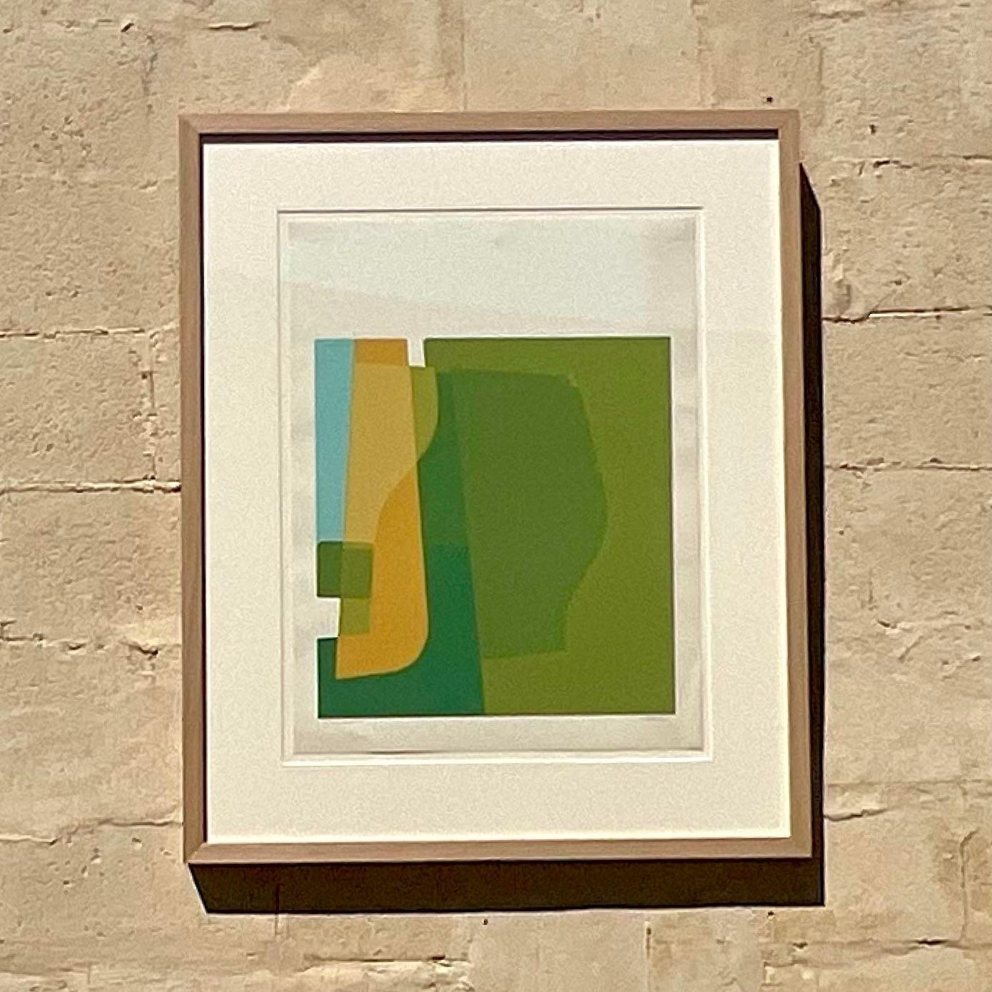 Vintage abstract lithograph of various curved shapes in differentiating shades of green. The shape come together to create a tasteful minimalist pop of color. Signed by the artist. Acquired from a Palm beach estate.