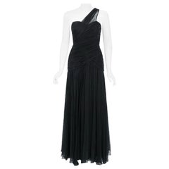 Vintage 1970's Adele Simpson Black Draped Silk Chiffon One-Shoulder Goddess Gown
