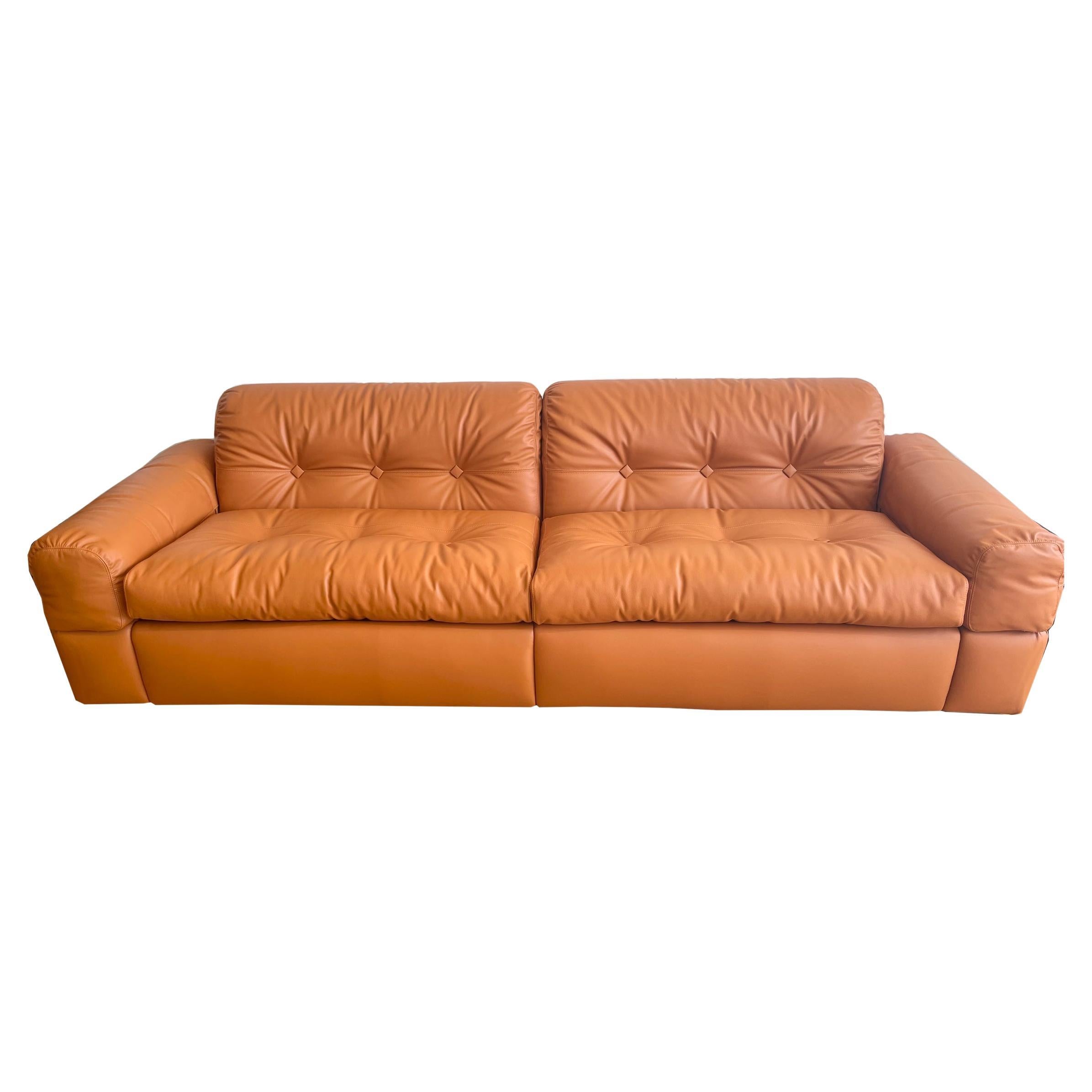 Adriano Piazzesi 1970s Sofa Newly Upholstered with Copper Brown Italian Leather For Sale