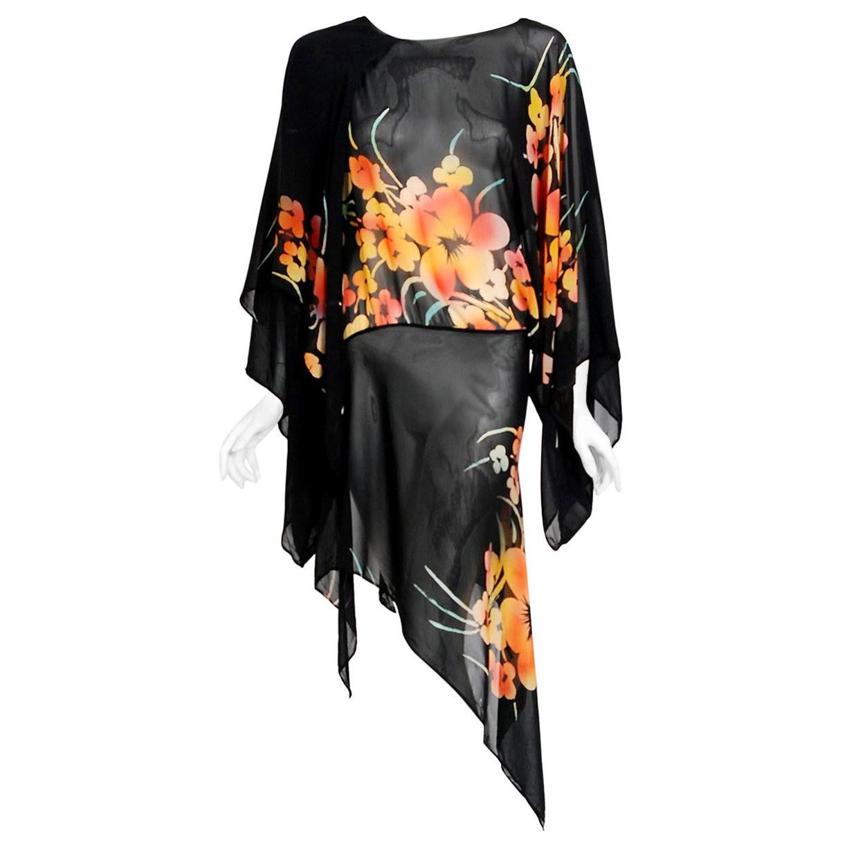 Vintage 1970's Alice Pollock Floral Chiffon Kimono-Sleeve Asymmetric Tunic Dress
